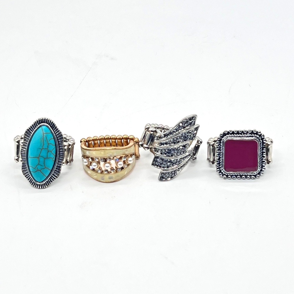 Vintage Rings Lot 4 Stretch Band Statement Cocktail Faux Pearl Turqoise Crystal